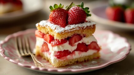 Fresh Strawberry Shortcake Slice with Cream Garnish on Plate