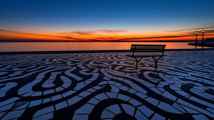 A serene twilight scene with a bench, mosaic floor, and fiery sunset over the water
