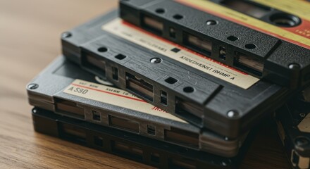 Obraz premium Close Up of Stacked Vintage Cassette Tapes