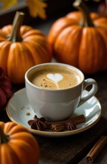 Pumpkin spice latte with pumpkins, autumn leaves, and spices on rustic wooden table