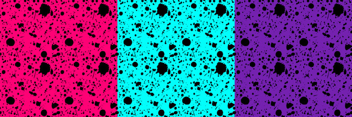 Ink splatter seamless pattern set on neon crimson, blue, purple backgrounds. Grunge texture design with black paint drops. Artistic backdrop for pop art, graffiti, and creative projects.