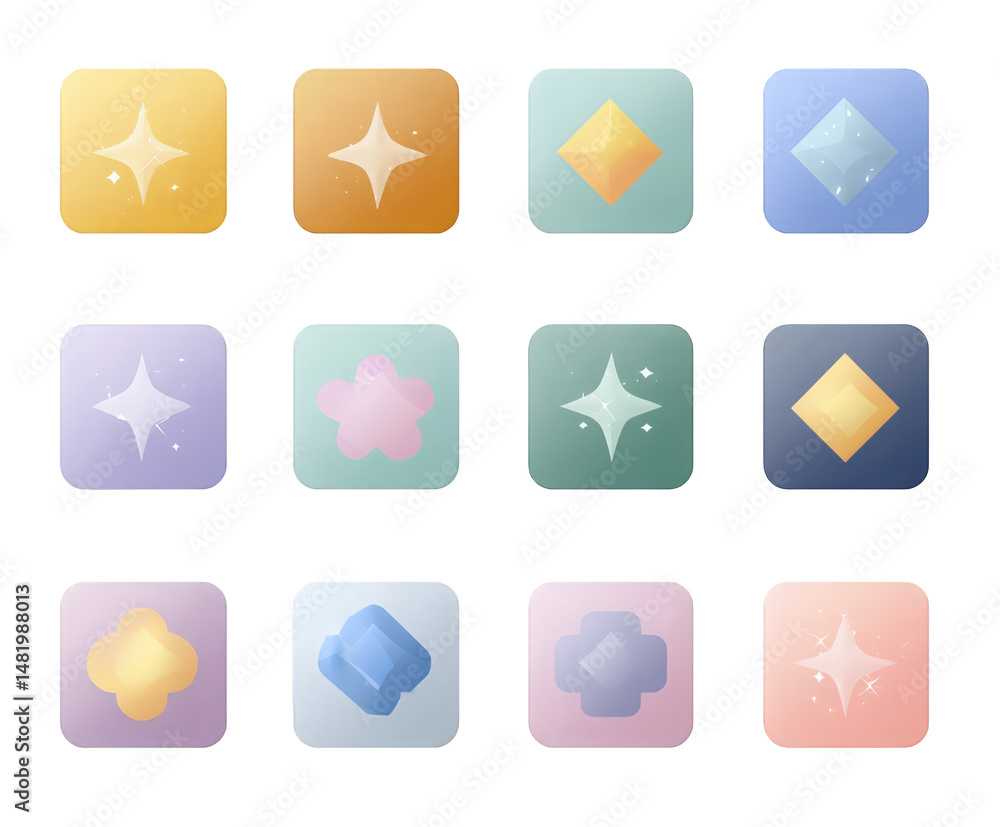 Poster twelve colorful app icons pastel gemstones shiny stars design elements ui on transparent background