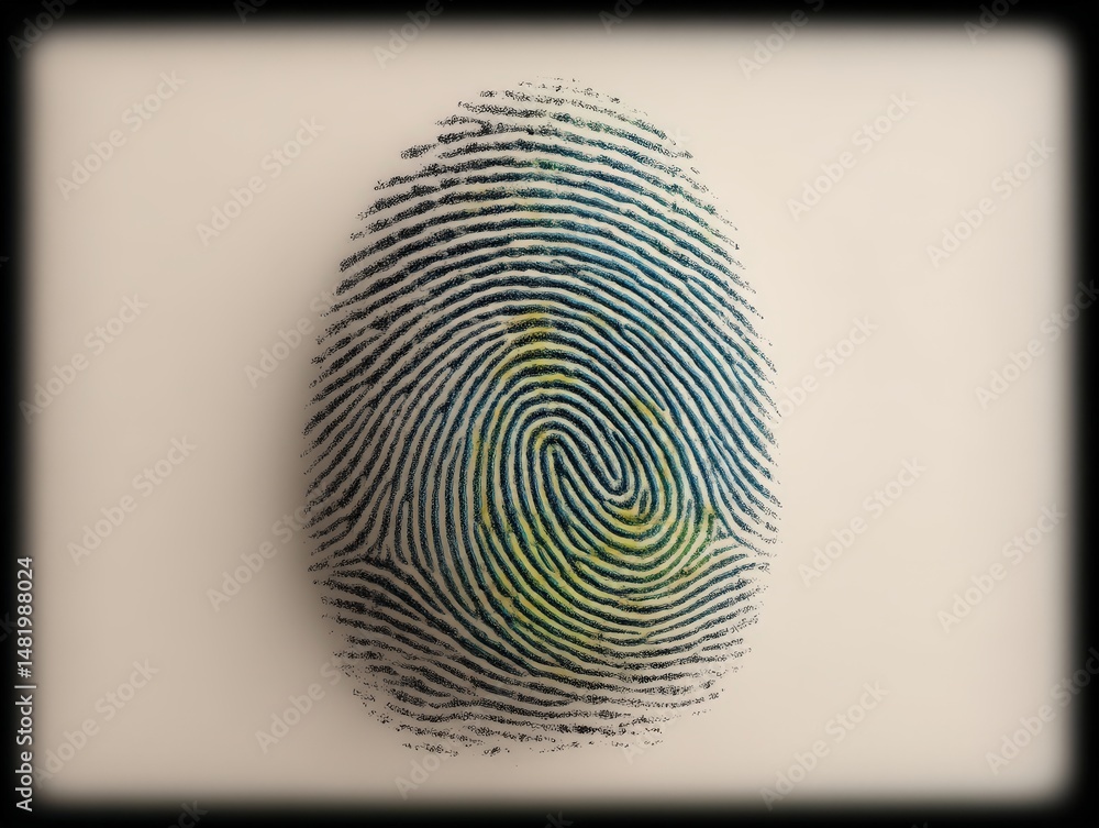 Poster intricate and colorful fingerprint detail representing personal identity showcasing patterns in vibr