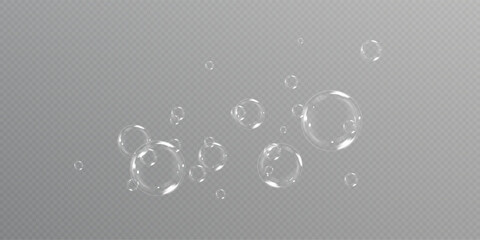 Transparent Soap Bubbles with Iridescent Glow. Realistic Bubble Set with Glossy Surface, Color Light Reflections, and Airy Floating Effect for Backgrounds, Posters, and Cleaning Concepts