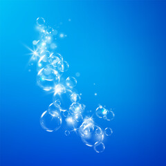 Transparent Soap Bubbles with Iridescent Glow. Realistic Bubble Set with Glossy Surface, Color Light Reflections, and Airy Floating Effect for Backgrounds, Posters, and Cleaning Concepts