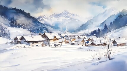 Winter village nestled in a snowy mountain valley.