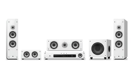 Obraz premium Home Audio System Setup with White Speakers and Subwoofer