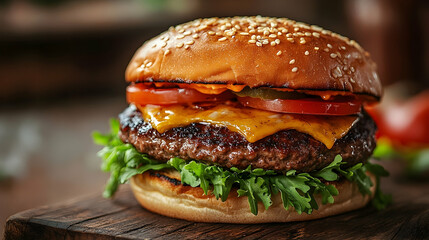 Close-up view of a delicious cheeseburger on a wooden board.