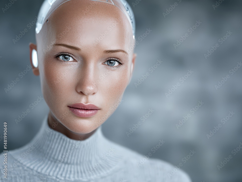 Poster captivating photorealistic portrait of a humanoid robot showcasing intricate facial features and adv