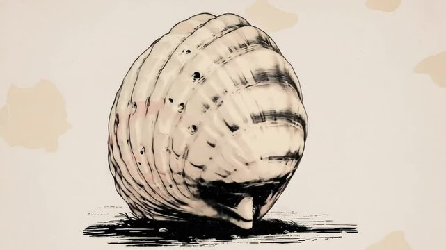 Delicate marine seashell illustration with black ink and vintage pastel colors