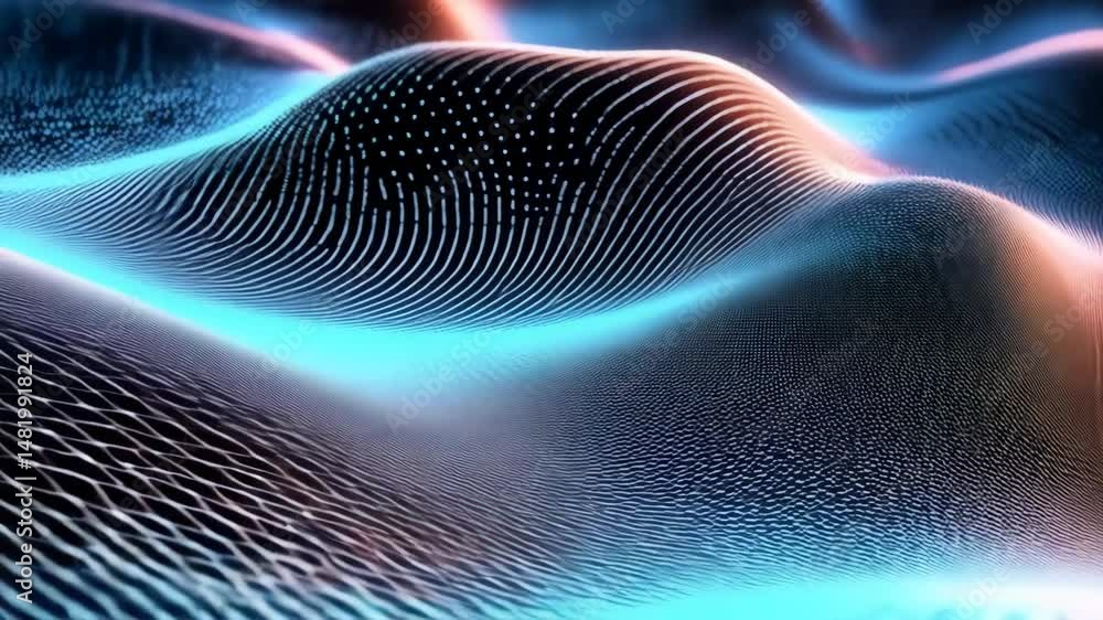 Aufkleber undulating abstract surface with glowing blue and orange elements resembling digital waves, ideal fo
