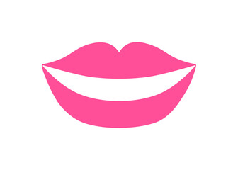 Lips smiling with teeth. Happy female women mouth with pink lipstick. Girls expression, beautiful makeup. Beauty, design element, party prop. Flat vector illustration isolated on white background
