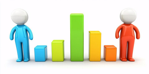 3D figures stand beside a colorful bar graph, symbolizing business growth and success.