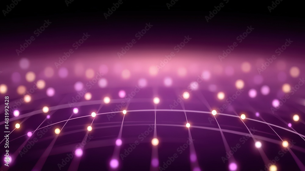 Poster abstract digital landscape with interconnecting luminous nodes and a gradient purple background visu