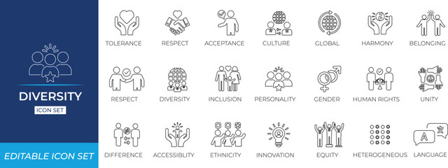 Diversity line icon set featuring inclusion, equality, teamwork, multicultural groups, human rights, accessibility, and community representation visuals.