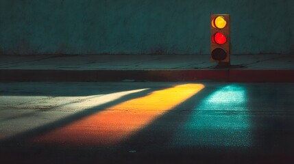 Broken traffic light on an empty intersection, strong shadows and vintage film grade