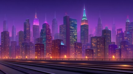 Fototapeta premium Captivating urban skyline at twilight showcasing vibrant lights and towering skyscrapers shimmering against a rich purple backdrop emphasizing lively city life and modern architecture