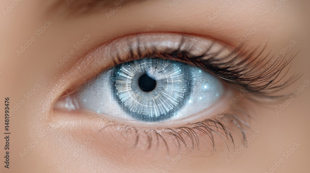 Aufkleber eye showcasing digital interface elements infused with futuristic technology and data processing ill