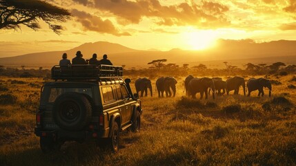 Safari sunset with elephants