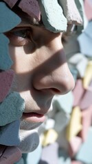 Close-up profile of a person's face covered in colorful, fragmented pieces