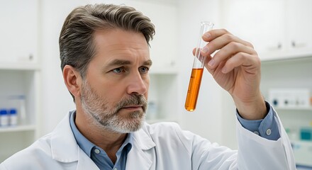 Scientist Examines Orange Liquid in Test Tube for Biotechnology Research in White Laboratory for Pharmaceutical or Chemical Experimentation and Scientific Analysis