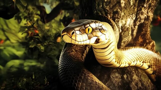 Coiled snake rests on a tree, its yellow eyes gazing intently as a bright red apple hangs invitingly on a nearby branch in the forest.