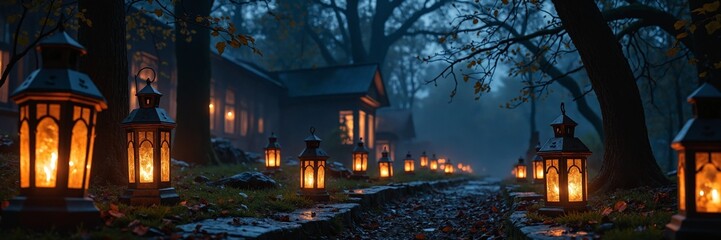 Glowing Lanterns in a Mysterious Cemetery at Night Illuminating the Dark with Warm Light