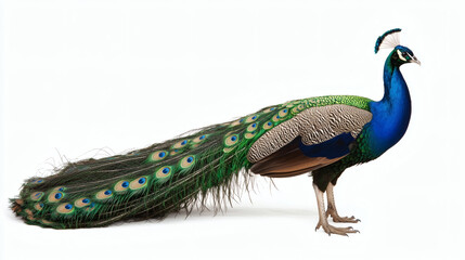 Fototapeta premium horizontal, no people, peacock, photography, usa, colour image, close-up, studio shot, animal themes, one animal, profile view, white background, animal wildlife, male animal