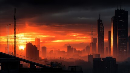 Dramatic sunset over a futuristic city skyline.
