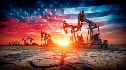 Oil pumps against a backdrop of an American flag at sunset.