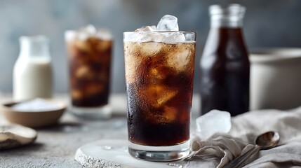 Cold drinks filled with ice on a gray background