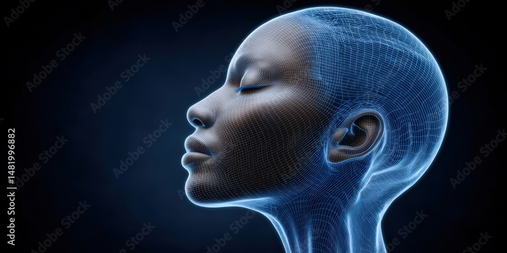 Poster a stunning futuristic representation of a woman's profile in wireframe design illustrating digital t