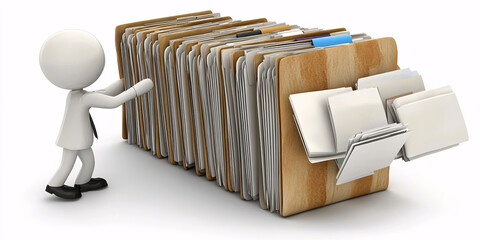 A 3D rendered image showing a man moving a huge stack of files, symbolizing data management and organization.