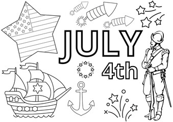 coloring page with july 4th text; us independence day black outline on white background; simple level; usa flag, ship, christopher columbus & fireworks