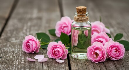 Essential Oil Bottle with Pink Roses on Wooden Surface