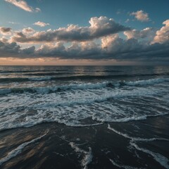 Fototapeta premium Golden hues paint the horizon over the water during both sunrise and sunset on the sandy beach, a serene nature seascape