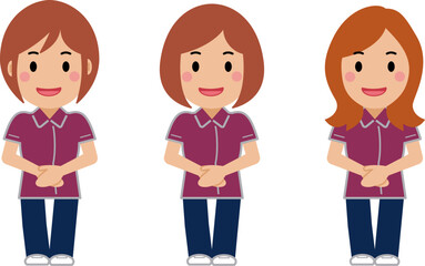 手を前で重ね、笑顔のえんじ色の制服の女性看護師