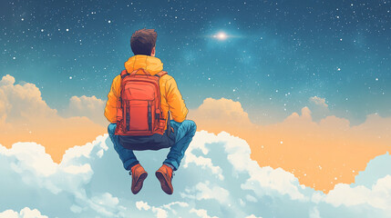 Man sitting on a cloud at night, gazing at the stars.