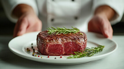 Chef presenting a cooked steak on a white plate.