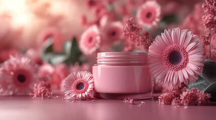 Pink cosmetic jar surrounded by flowers. Soft light, beauty products, skincare, natural, floral, fresh,  organic,  cream,  jar,  container,  packaging,