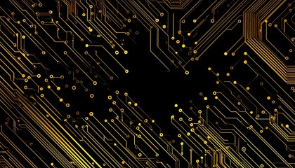 Abstract golden circuit board pattern on black background illustrating technology and innovation