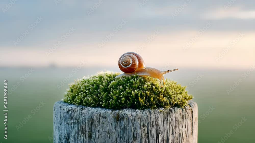 Poster small snail is sitting on a mossy log. the image has a peaceful and calming mood, as the snail is su