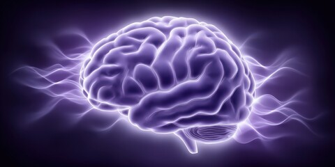 Vibrant digital rendering of human brain illuminated in soft purple light surrounded by ethereal energy waves symbolizing intelligence creativity and cognitive exploration