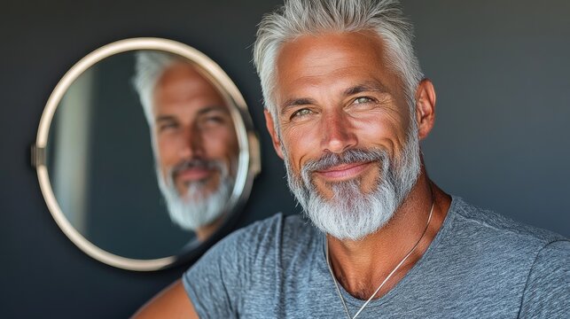 A senior man gazing into a mirror, smiling back at his youthful reflection.