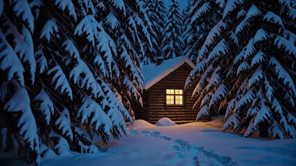 Warmly illuminated cabin hidden among snow-covered pine trees during calm winter evening, cozy winter holiday retreat and relaxation concept