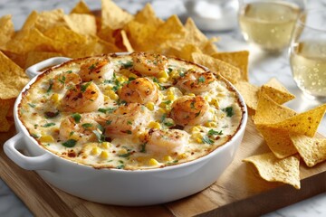 Hot shrimp and corn bake with creamy cheese sauce and tortilla chips