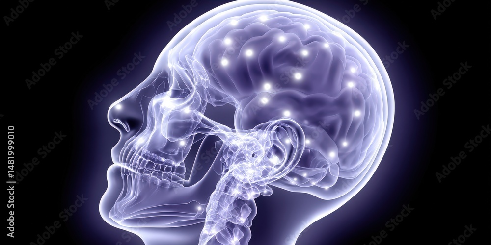 Poster intricate portrayal of a human skull and brain showcasing neural connections against a dark backgrou