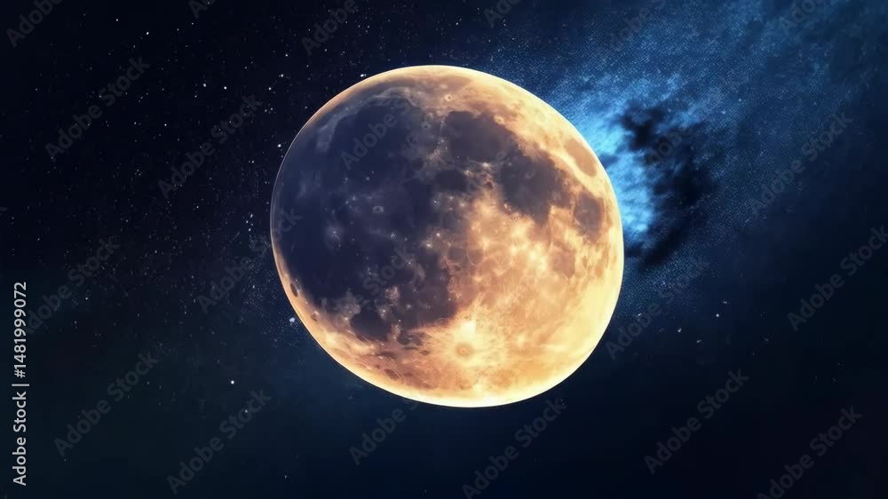 Poster full moon with visible craters and textures against a backdrop of stars and galactic cloud formation