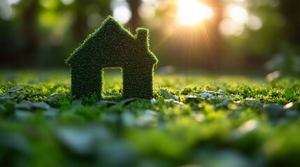 Eco-friendly home symbol in a grassy field, sunlight shining through trees.