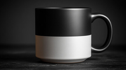 Black and white ceramic coffee mug on dark background.